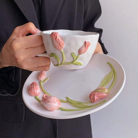 كوب وصحنه مميز جداً زهرة التوليب 🌷🌷